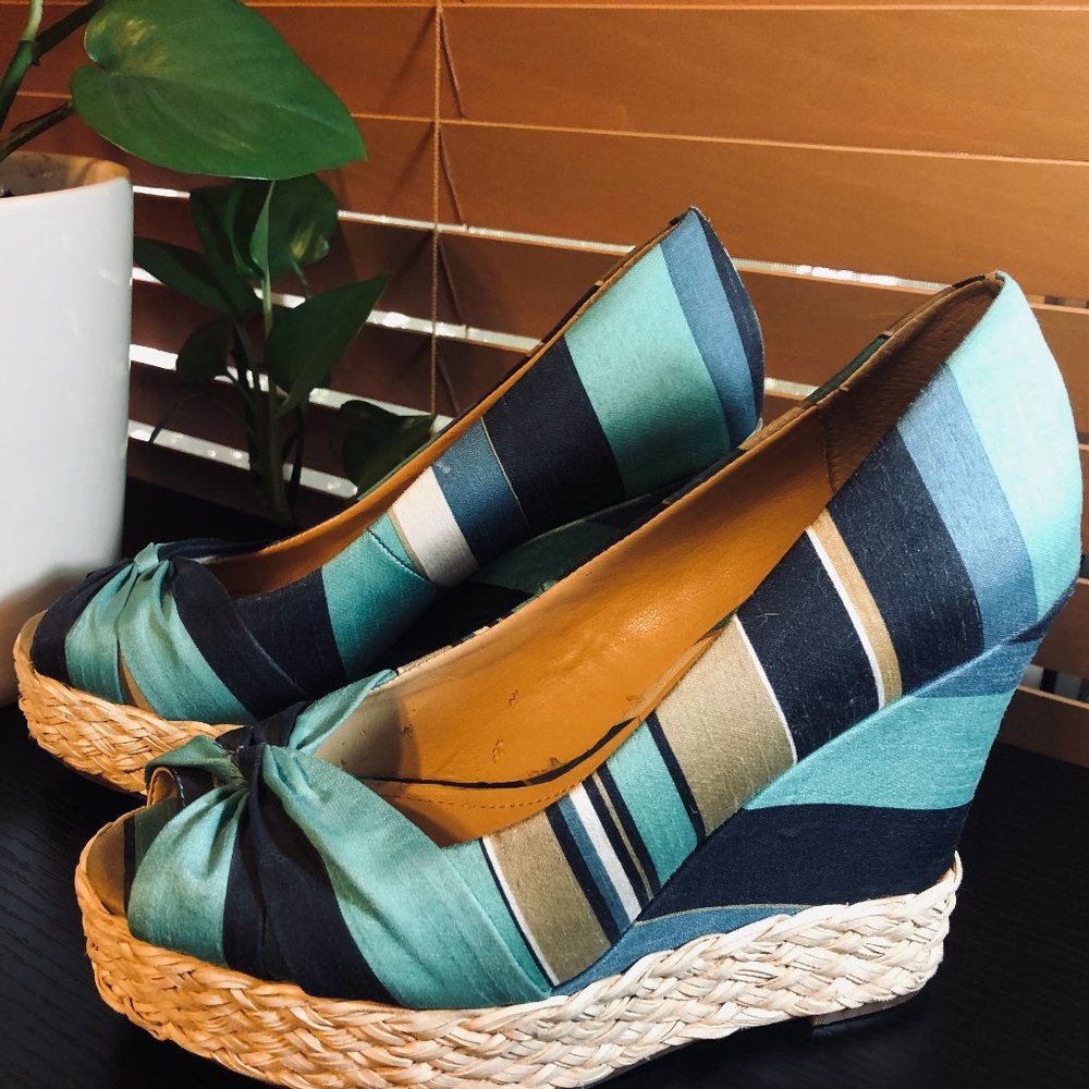 FINAL! BLUE STRIPED ESPADRILLE PLATFORM WEDGE HEELS